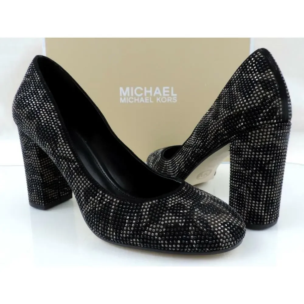 Women's Michael Kors Jamie Pump Studded Block Heel Floral Print Black - Picture 2 of 9